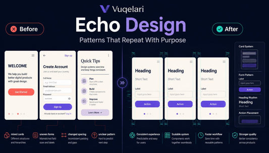 Before and after design comparison of mobile app interfaces with Vugelari Echo Design branding.