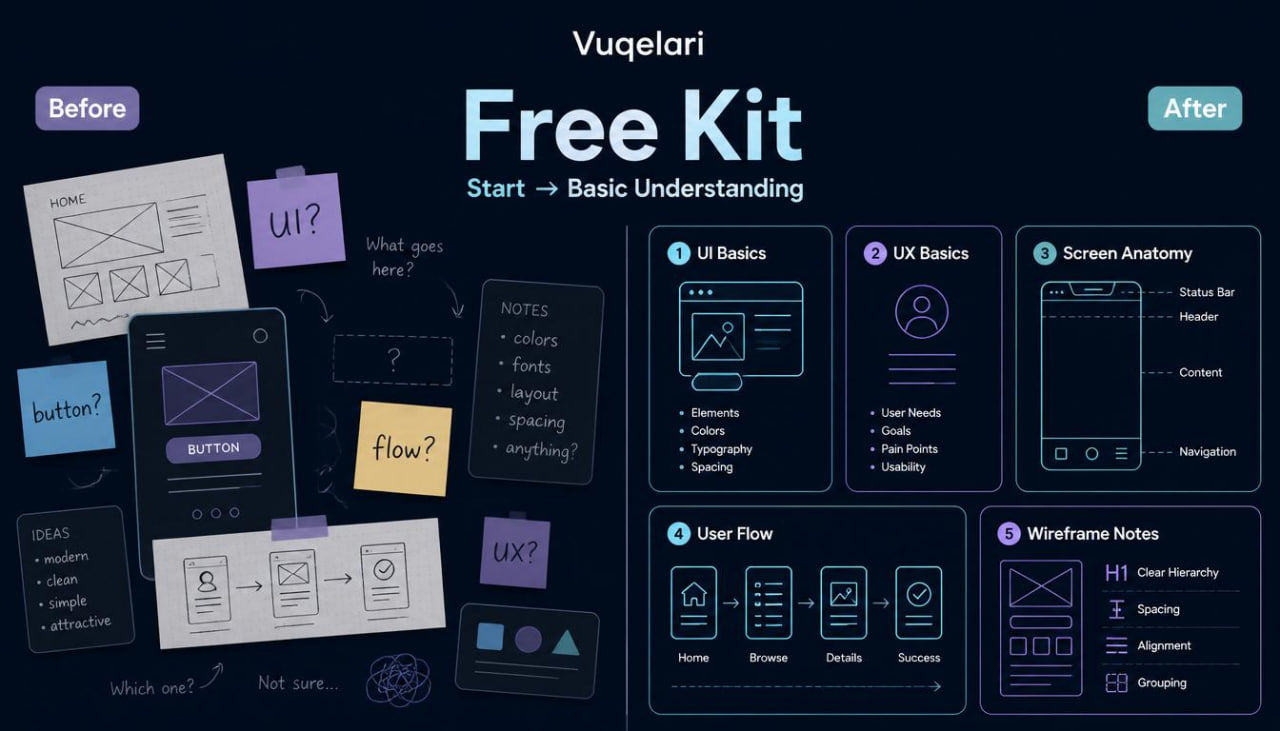 Before and after comparison of a design kit with Vuqelari branding.