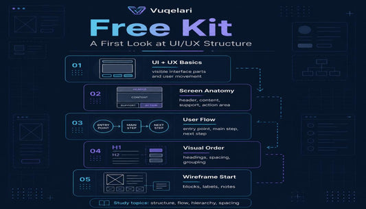 Vuqelari Free Kit for UI/UX design with text and icons on a dark background