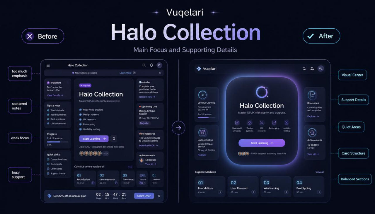 Before and after comparison of a software interface redesign for 'Halo Collection' by Vuqelari.
