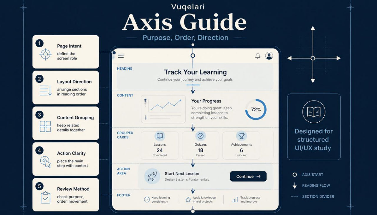 Vugelari Axis Guide with educational interface design on a dark blue background