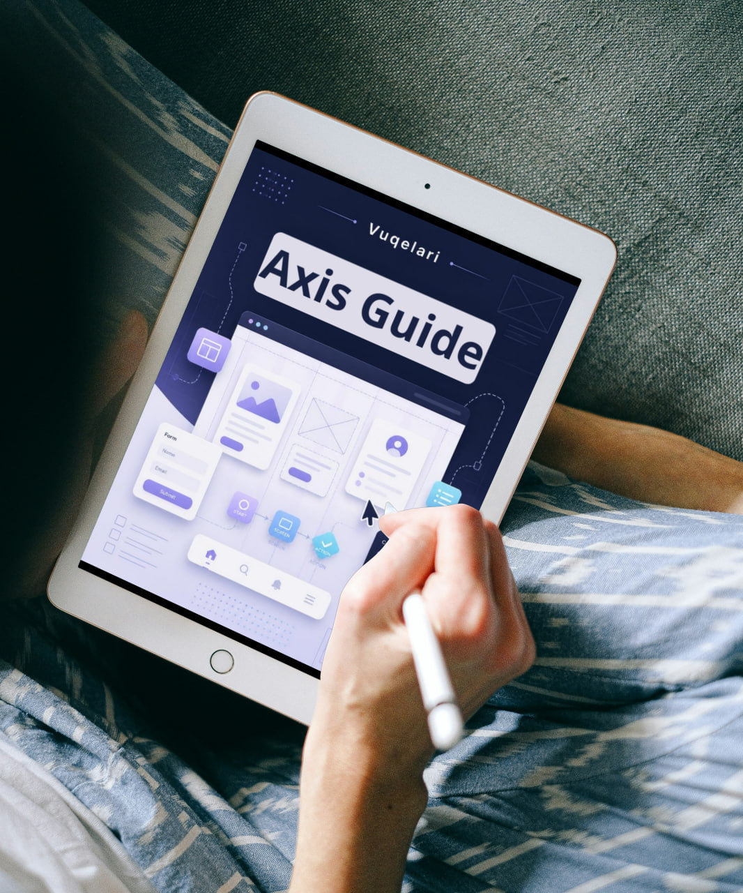Person holding a tablet with 'Axis Guide' app open on a textured surface