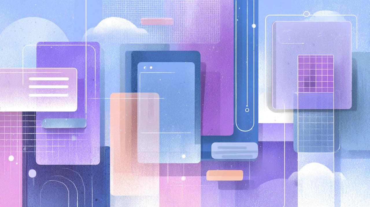 Abstract digital design with colorful shapes and elements on a blue background