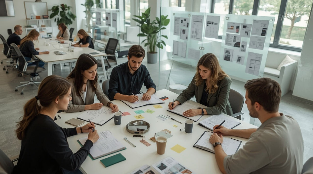 Group of people working together in a modern office setting