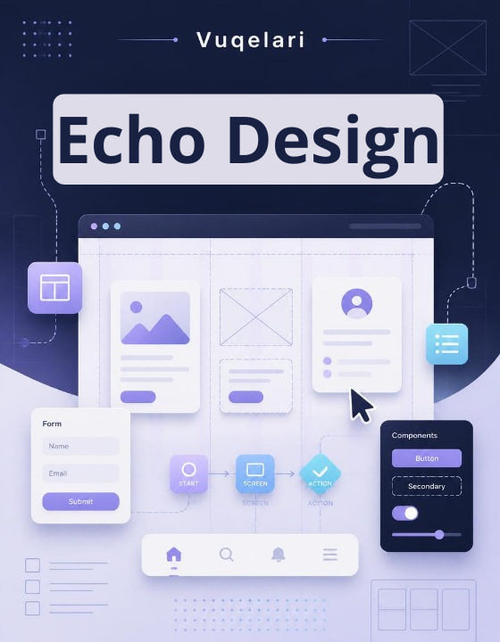 Echo Design branding with UI elements on a dark background