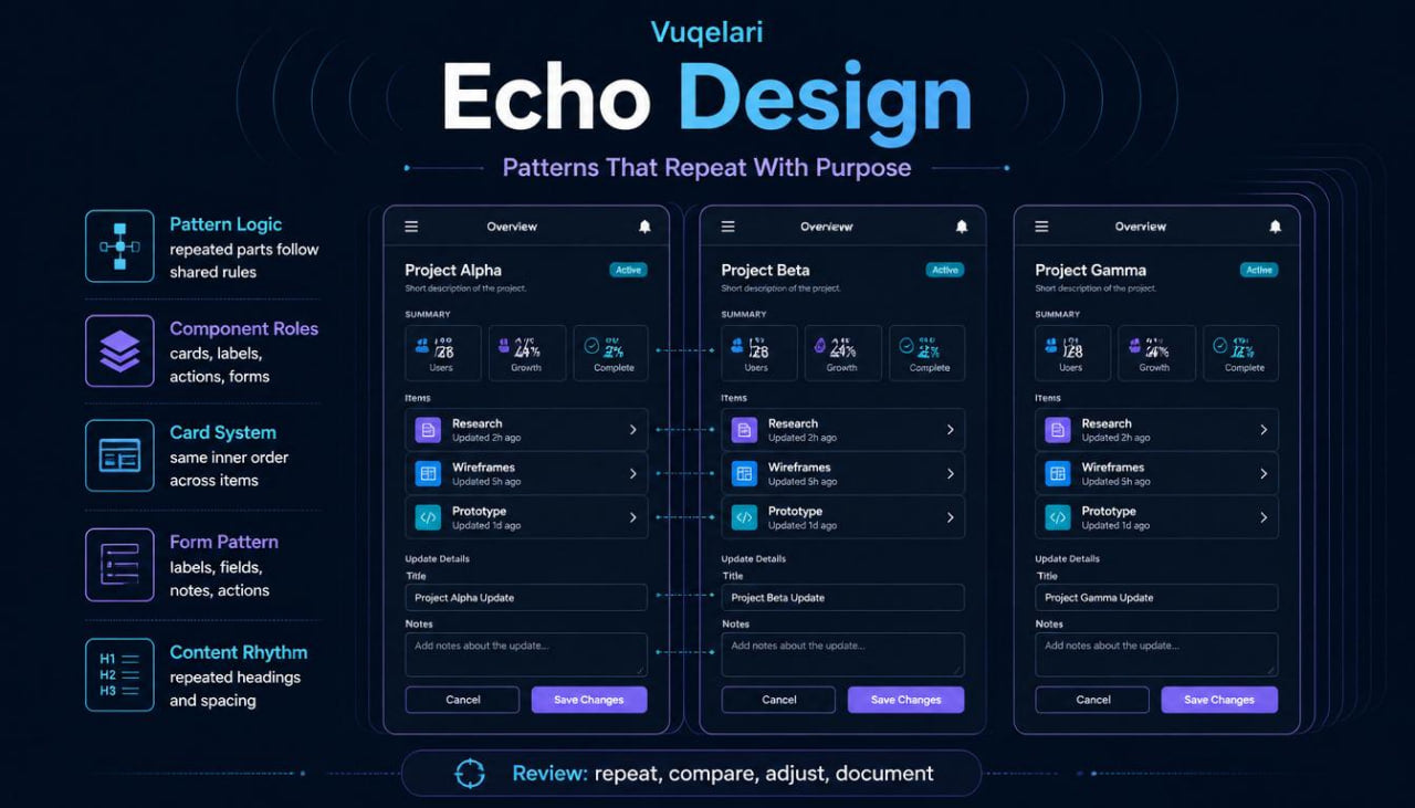 Vugelari Echo Design software interface with project alpha, beta, and gamma on a dark background.