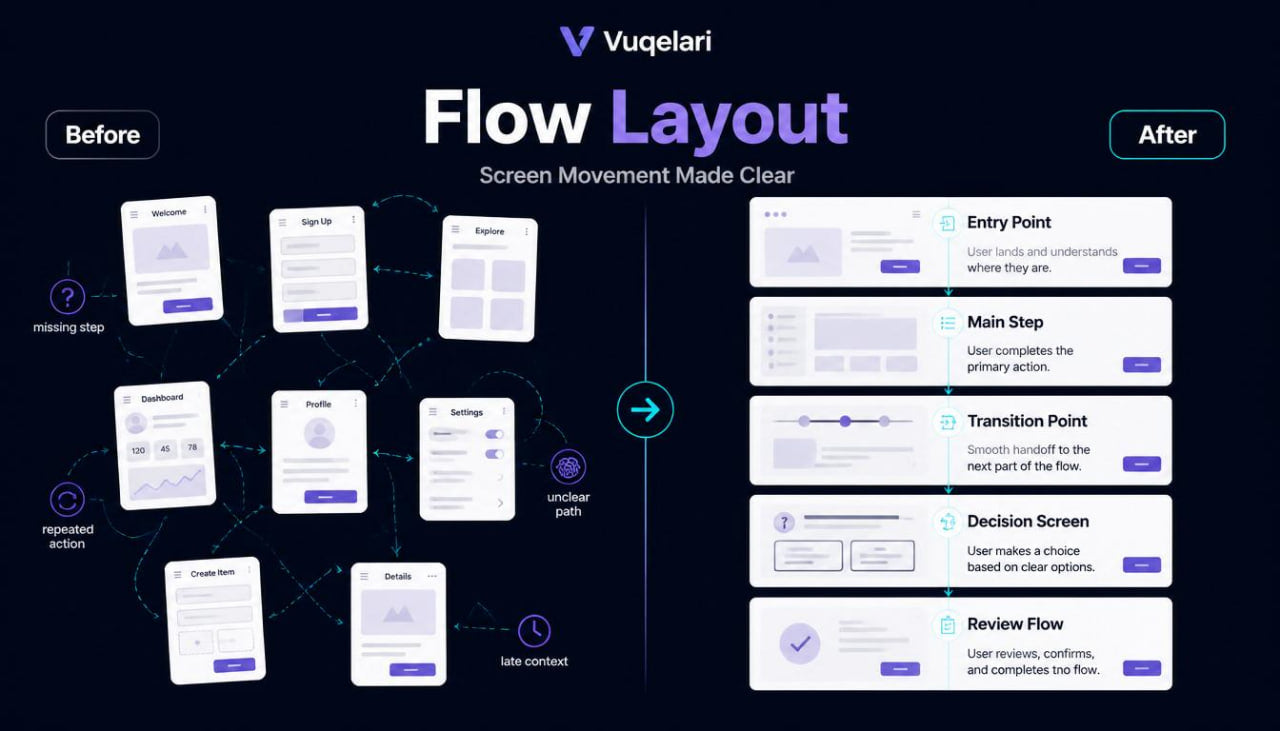 Comparison of 'Before' and 'After' flow layout diagrams with Vugelari branding.