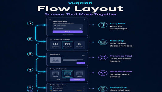 Vuqelari Flow Layout diagram on a dark background with text and icons.