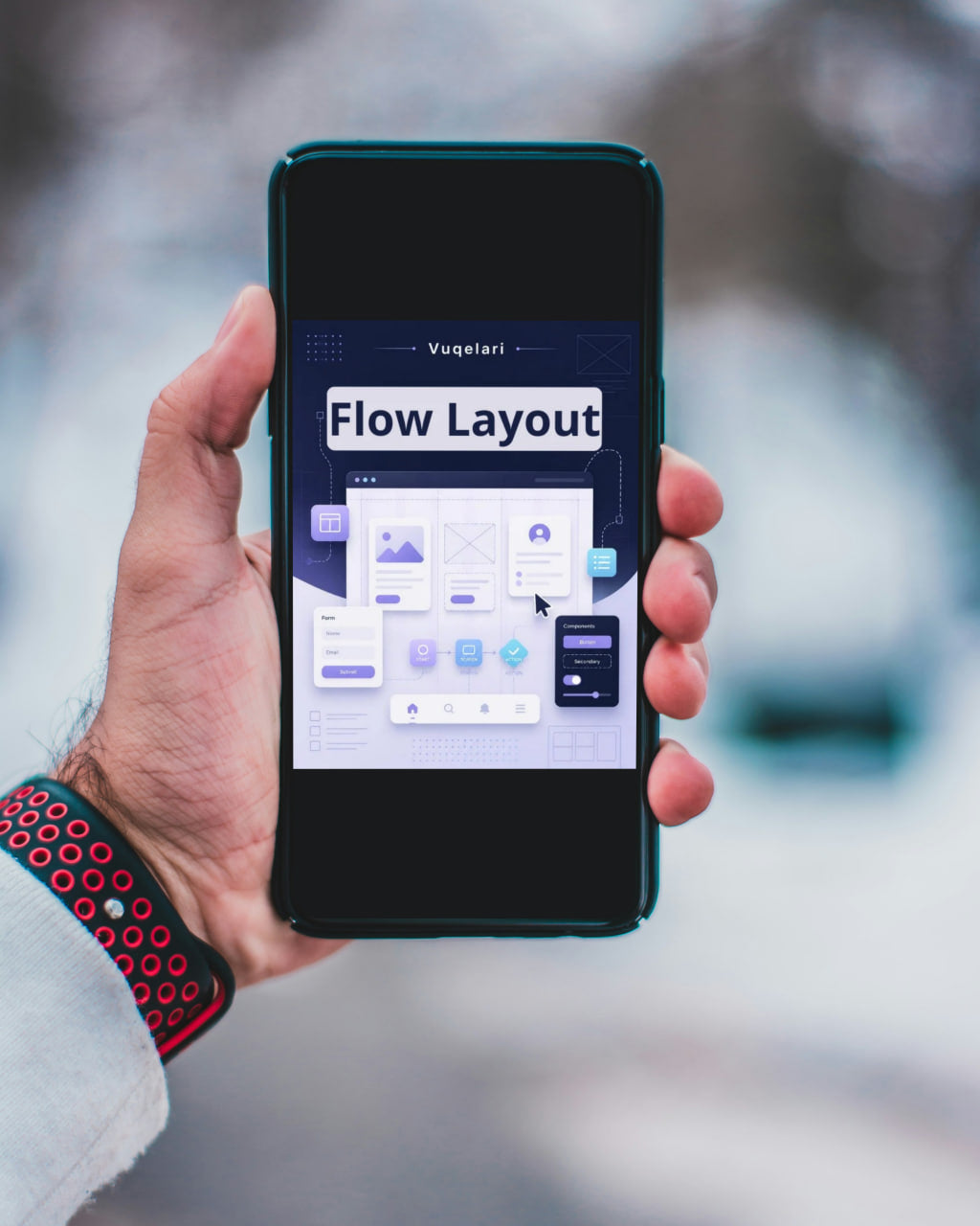 Hand holding a smartphone displaying a 'Flow Layout' app with a blurred outdoor background