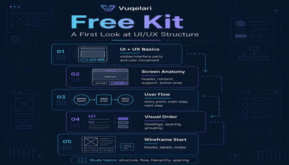 Vuqelari Free Kit for UI/UX design with text and icons on a dark background