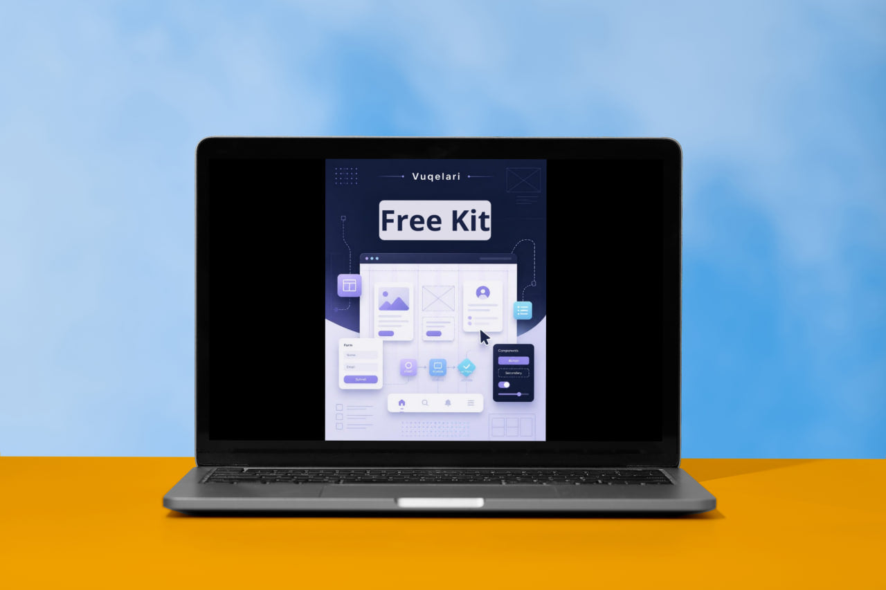 Laptop displaying a free kit on a blue and orange gradient background
