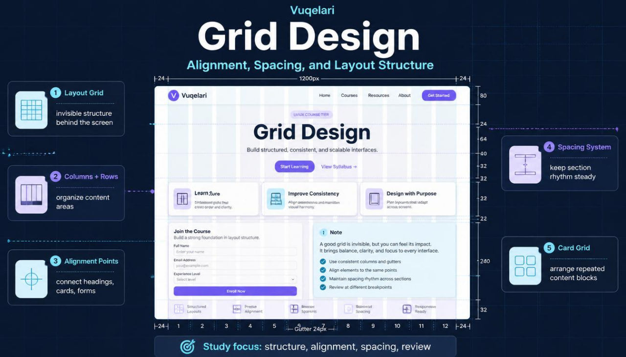 Vugelari Grid Design software interface with grid design principles on a dark background