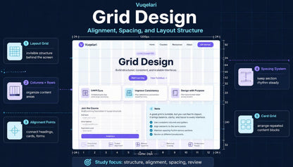 Vugelari Grid Design software interface with grid design principles on a dark background