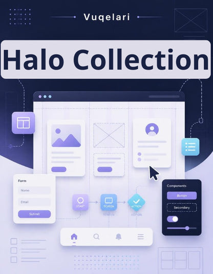 Vuqelari Halo Collection with UI elements and components on a dark background
