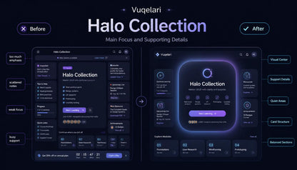 Before and after comparison of a software interface redesign for 'Halo Collection' by Vuqelari.