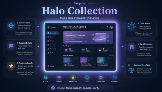 Vugelari Halo Collection interface with design elements on a dark background