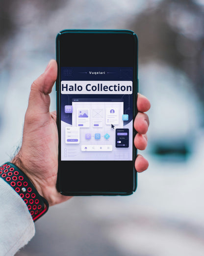 Hand holding a smartphone displaying 'Halo Collection' on a blurred outdoor background