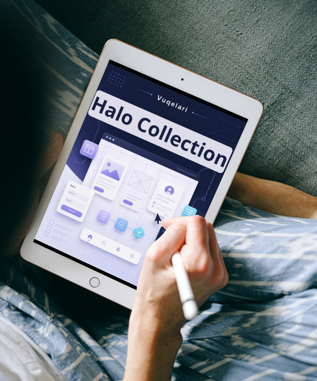 Person holding a tablet with 'Halo Collection' on the screen, sitting on a bed.