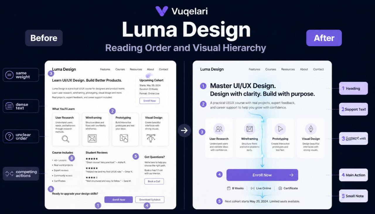 Before and after comparison of Luma Design UI/UX design interface on a dark background with Vuqelari branding.