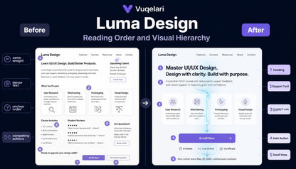 Before and after comparison of Luma Design UI/UX design interface on a dark background with Vuqelari branding.