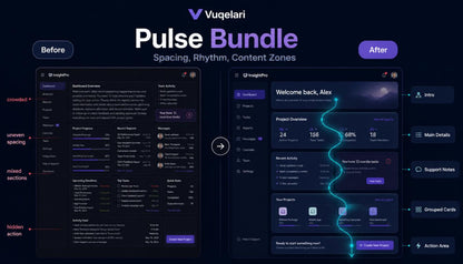 Before and after comparison of a UI design with Vugelari branding, showing changes in spacing, rhythm, and content zones.