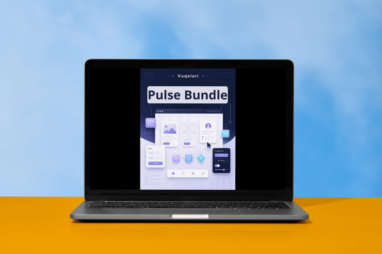 Laptop displaying a software interface with 'Pulse Bundle' on a blue and orange gradient background