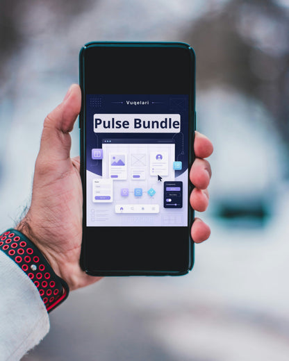 Hand holding a smartphone displaying an app interface with 'Pulse Bundle' text.