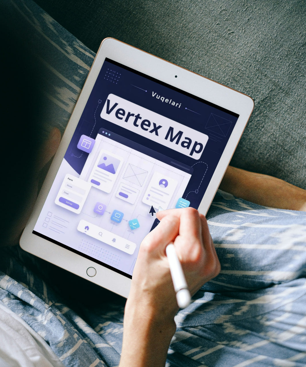 Person holding a tablet with 'Vertex Map' app on a textured surface